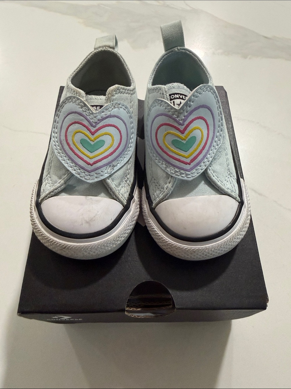 Converse Kids Light Blue Heart Slip-On Sneakers with Multicolor Hearts